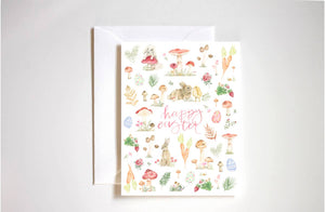 Watercolor Easter bunnies, mushrooms and chicks card