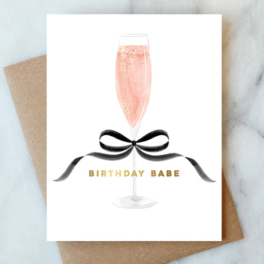 Bow Birthday Babe Greeting Card | Rosé Champagne Card